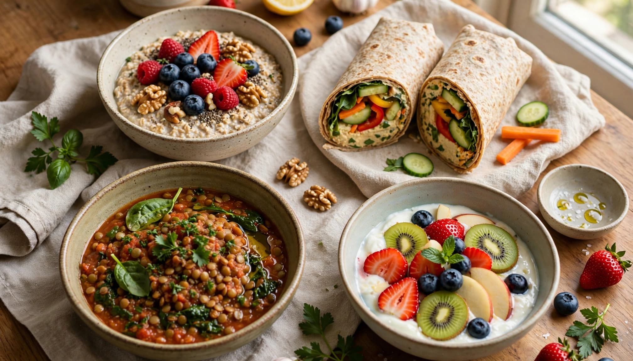 Oatmeal, a vegetable wrap, lentil stew, and fruit with yogurt arranged on a kitchen table.