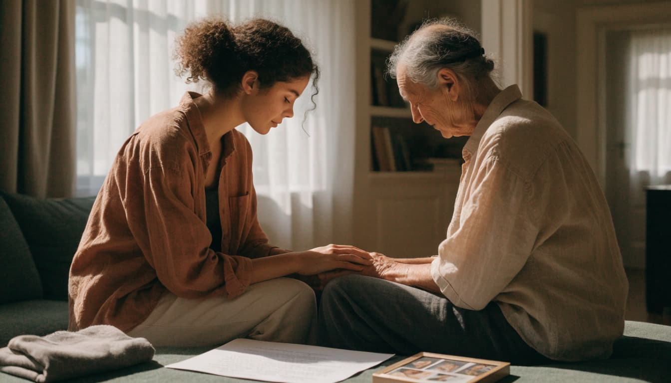 Two relatives consider a name beside a keepsake and folded baby blanket.