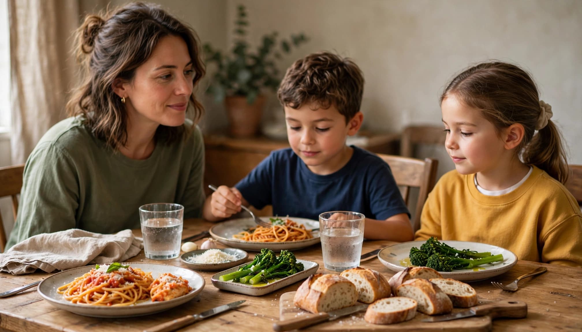 A parent and two children share pasta, bread, and a green vegetable at the table.