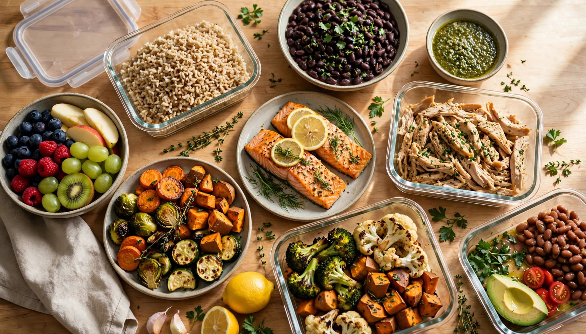 Prepared vegetables, rice, beans, salmon, chicken, fruit, and herb sauce arranged on a kitchen island.