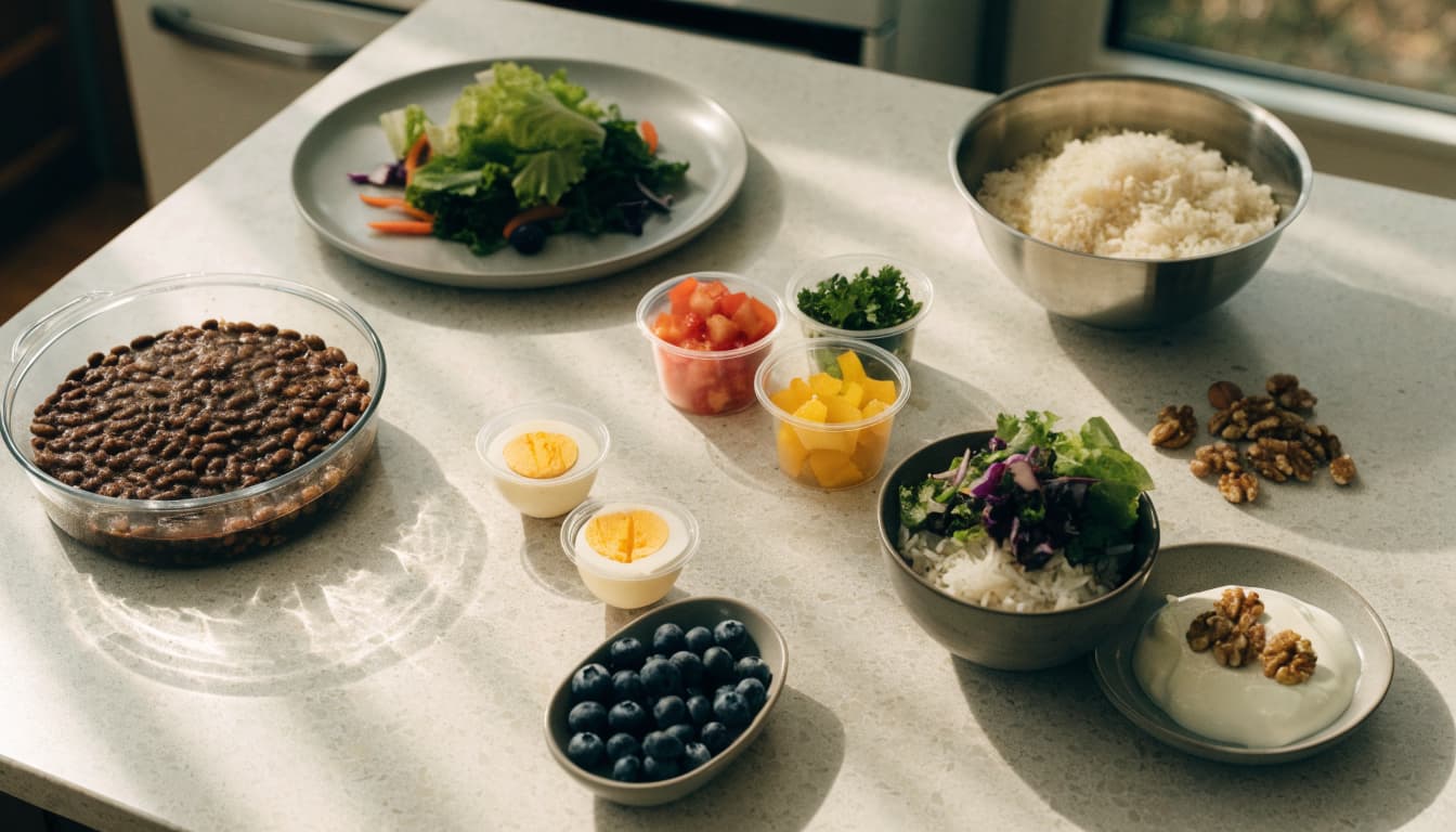 Containers of beans, rice, eggs, and vegetables beside a lunch bowl and snacks.