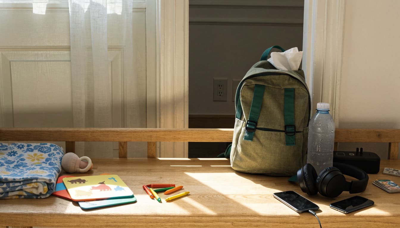 A family entryway bench holds age-specific morning items and a small puzzle.