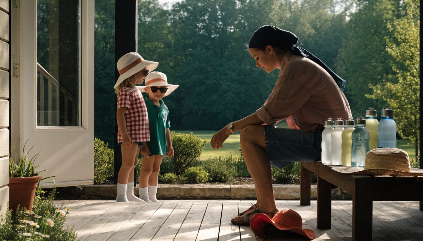 A caregiver and two children gather by porch bottles and sun hats.