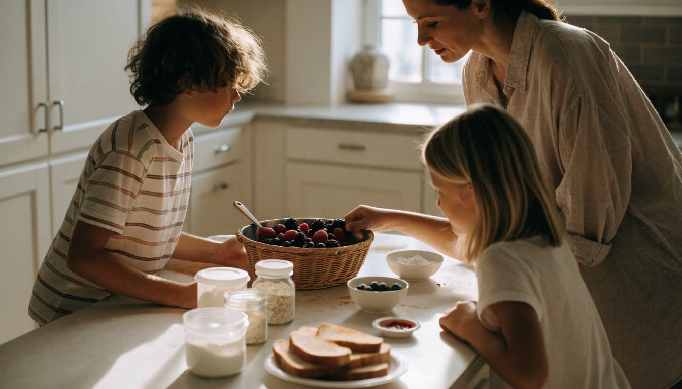 A parent and two children prepare breakfast together at a kitchen island.