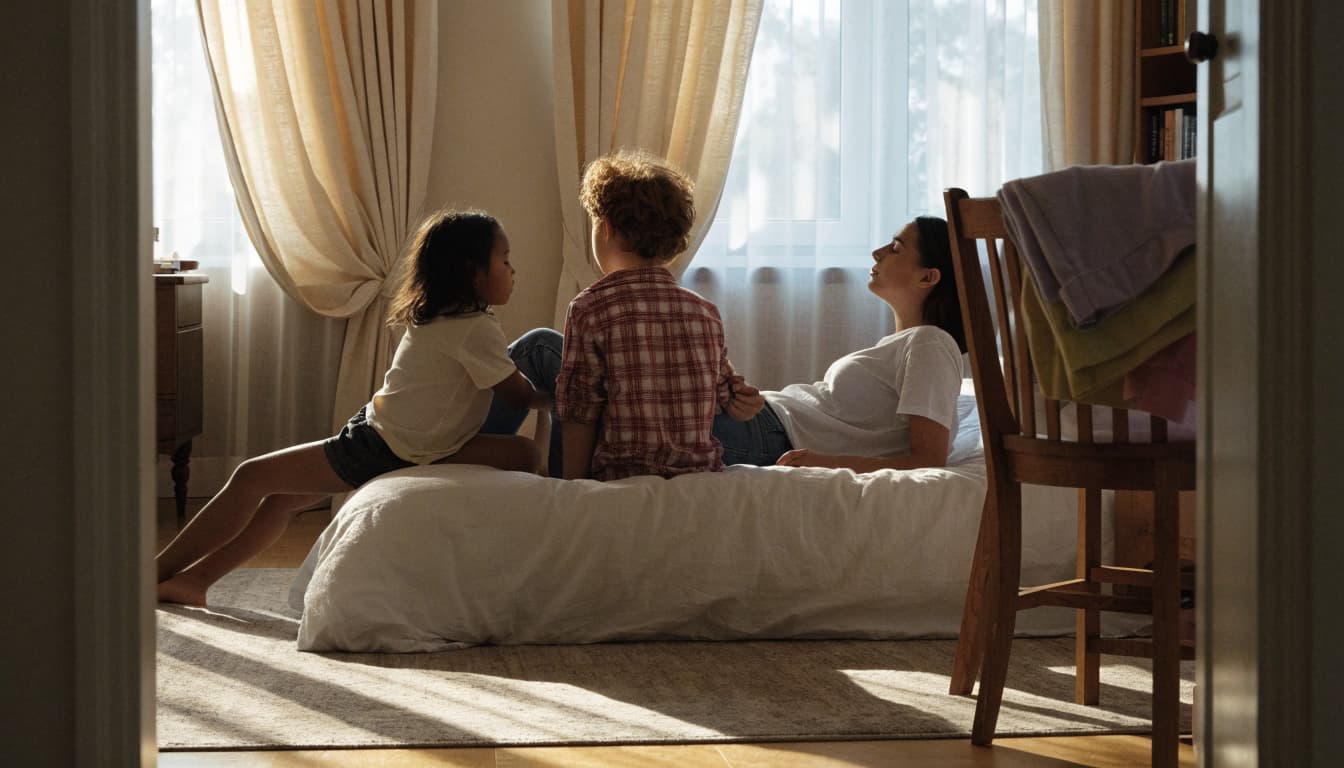 A parent and two children relax in a bright bedroom beside folded clothes.