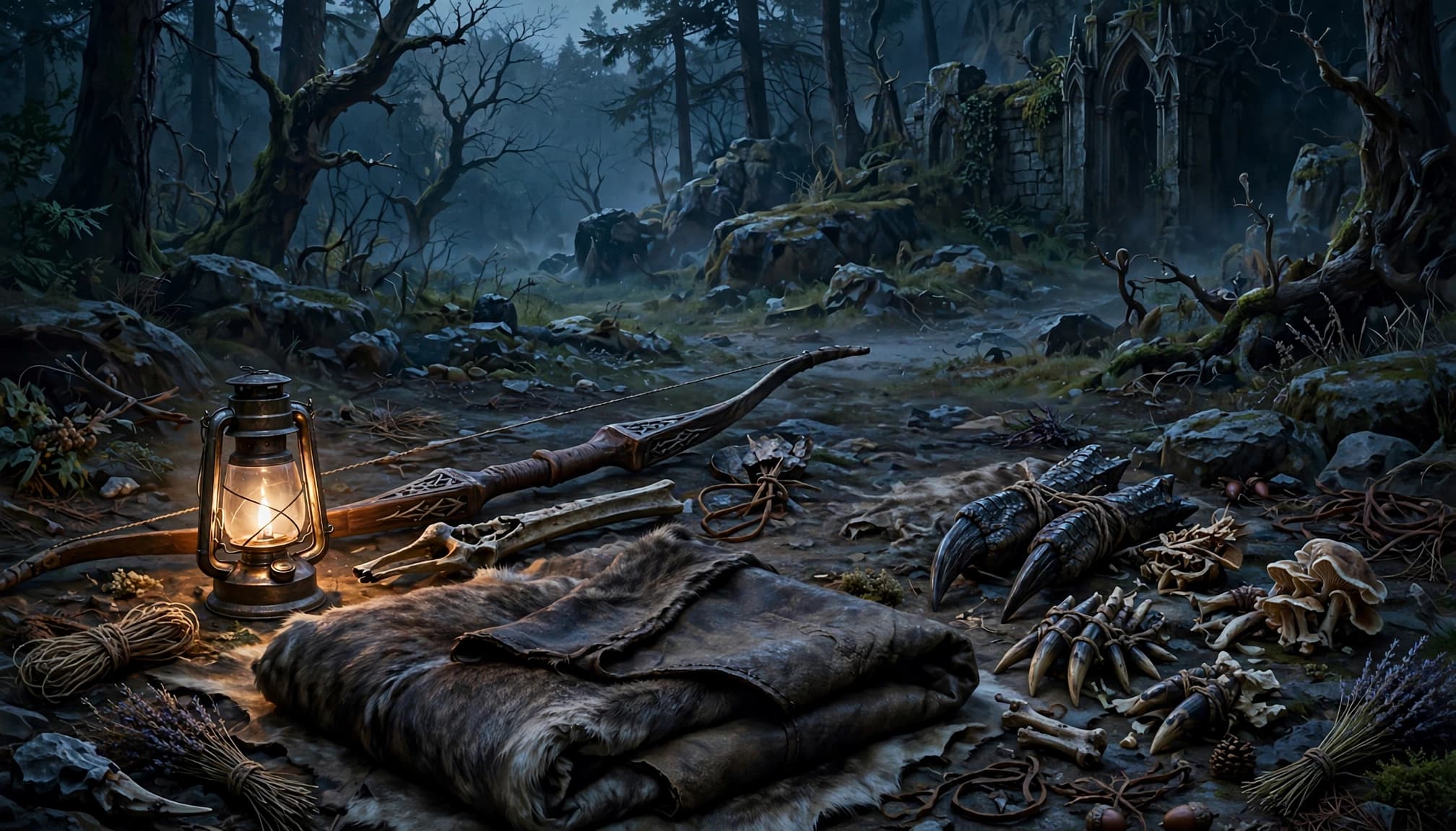 A folded hide, small monster trophies, and a bow lie in a forest clearing.