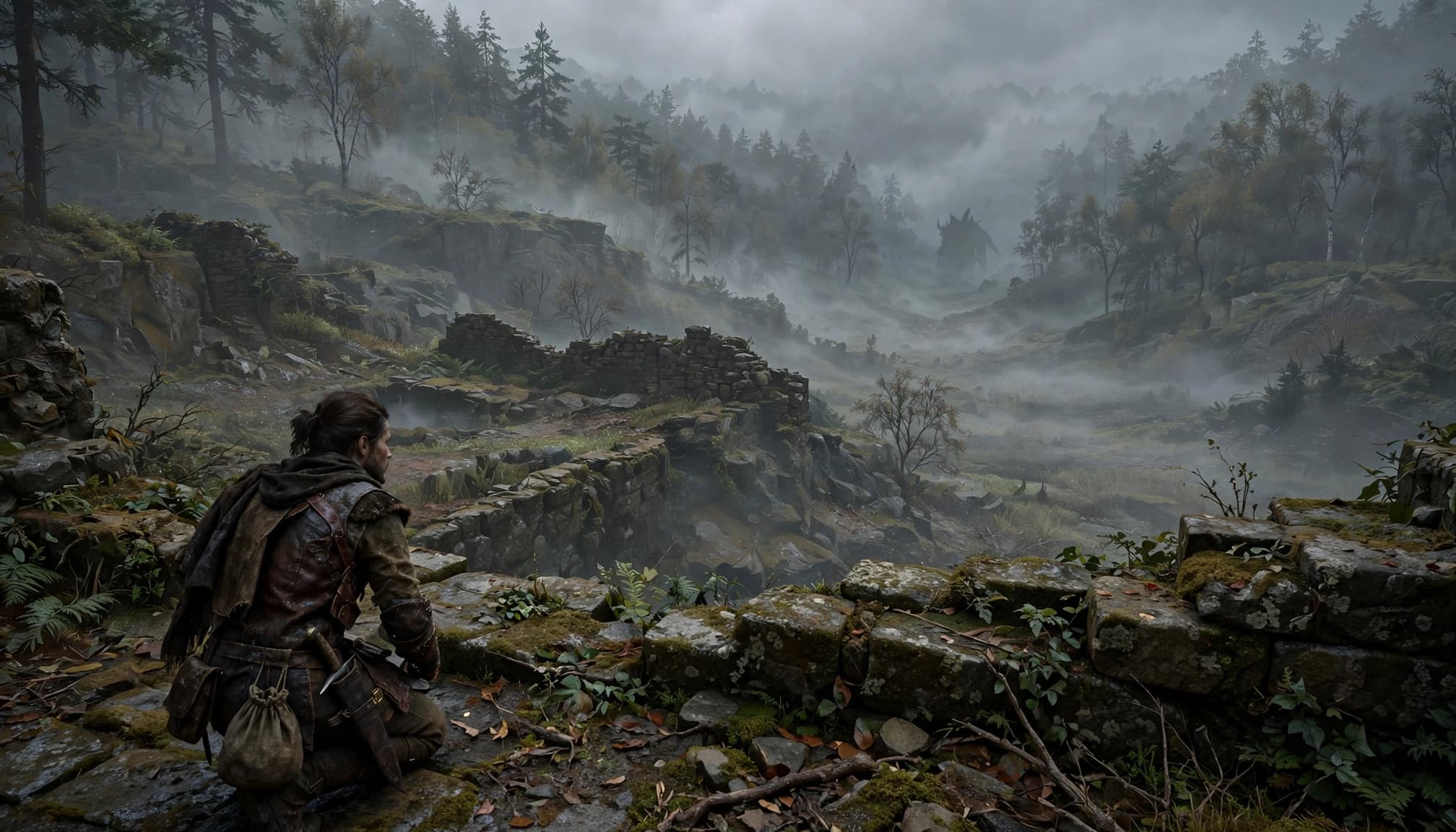 A lone hunter faces misty woods, ruined stones, and a distant beast.