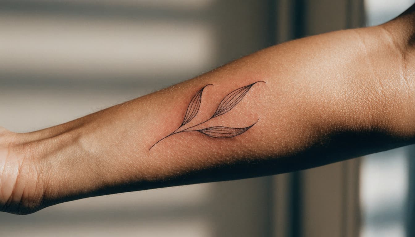 A small botanical tattoo sits on one forearm.