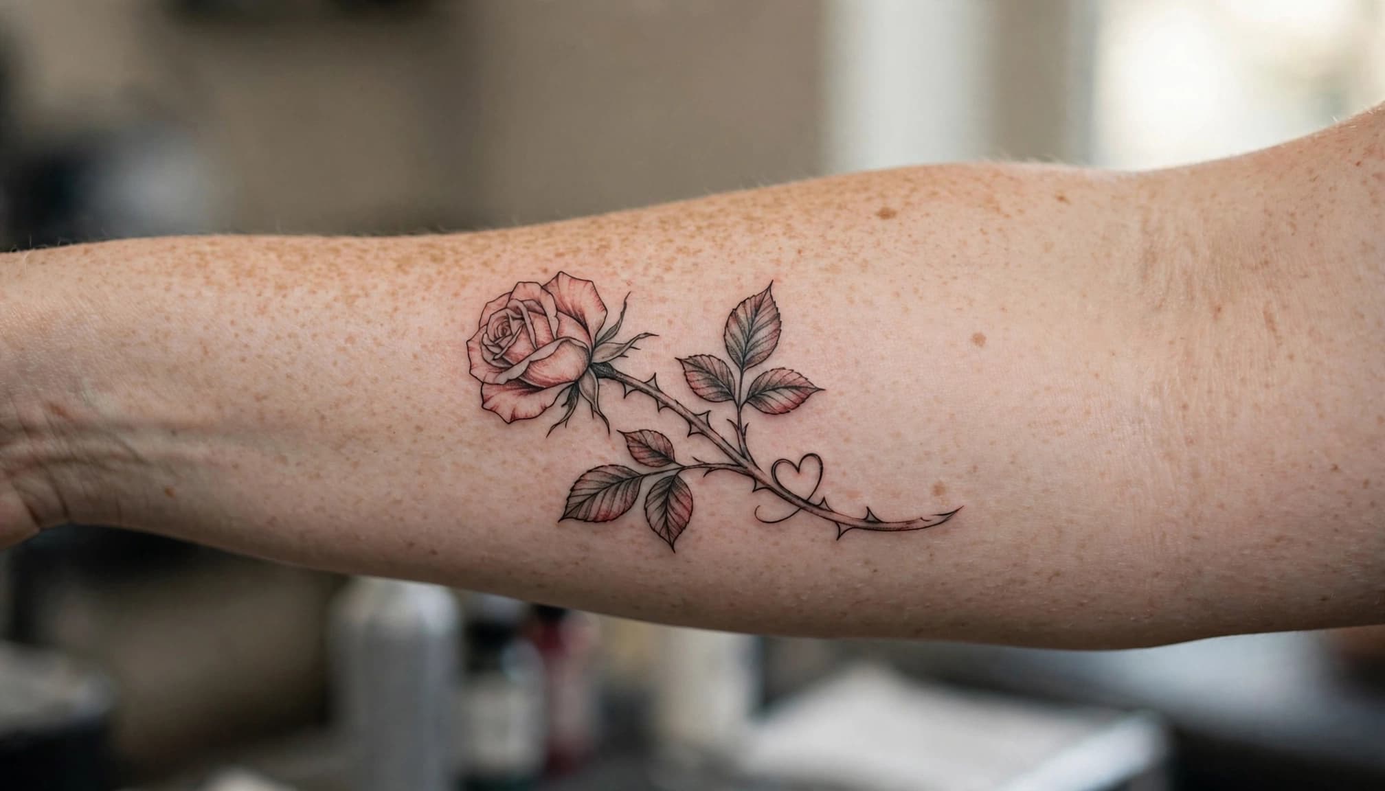 A red and black rose tattoo with leaves and a small heart on one forearm.