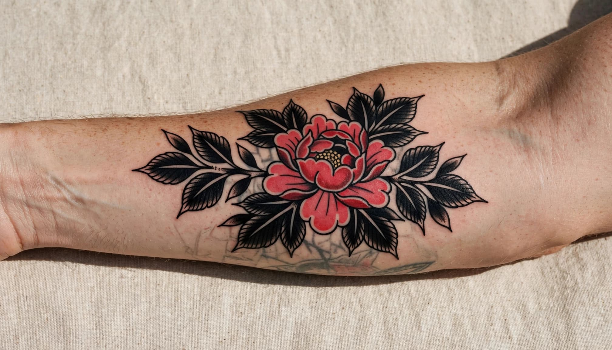 A forearm tattoo combines bold black leaves and a colorful flower over faint older lines.