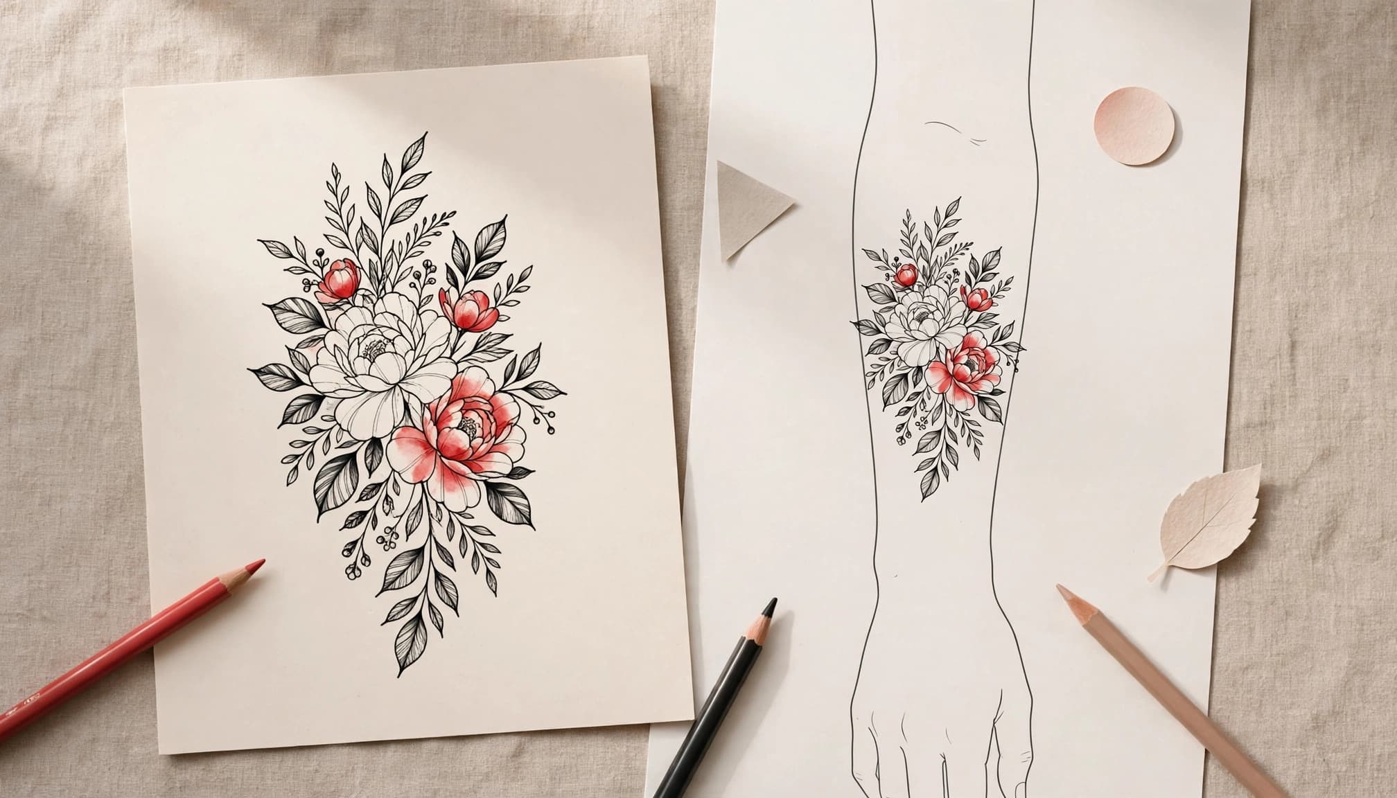 A red-and-black floral design sketch beside an outline of a forearm.