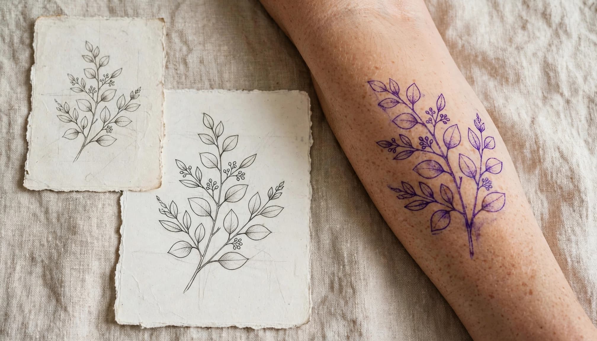 Two tattoo sketches sit beside a forearm with a temporary stencil.