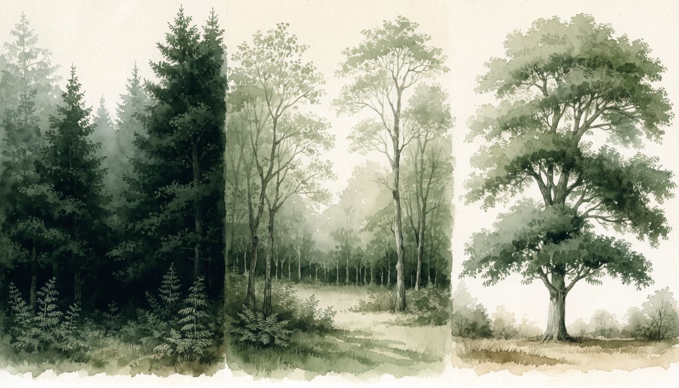 A dense forest, an open grove, and one elm tree shown side by side.