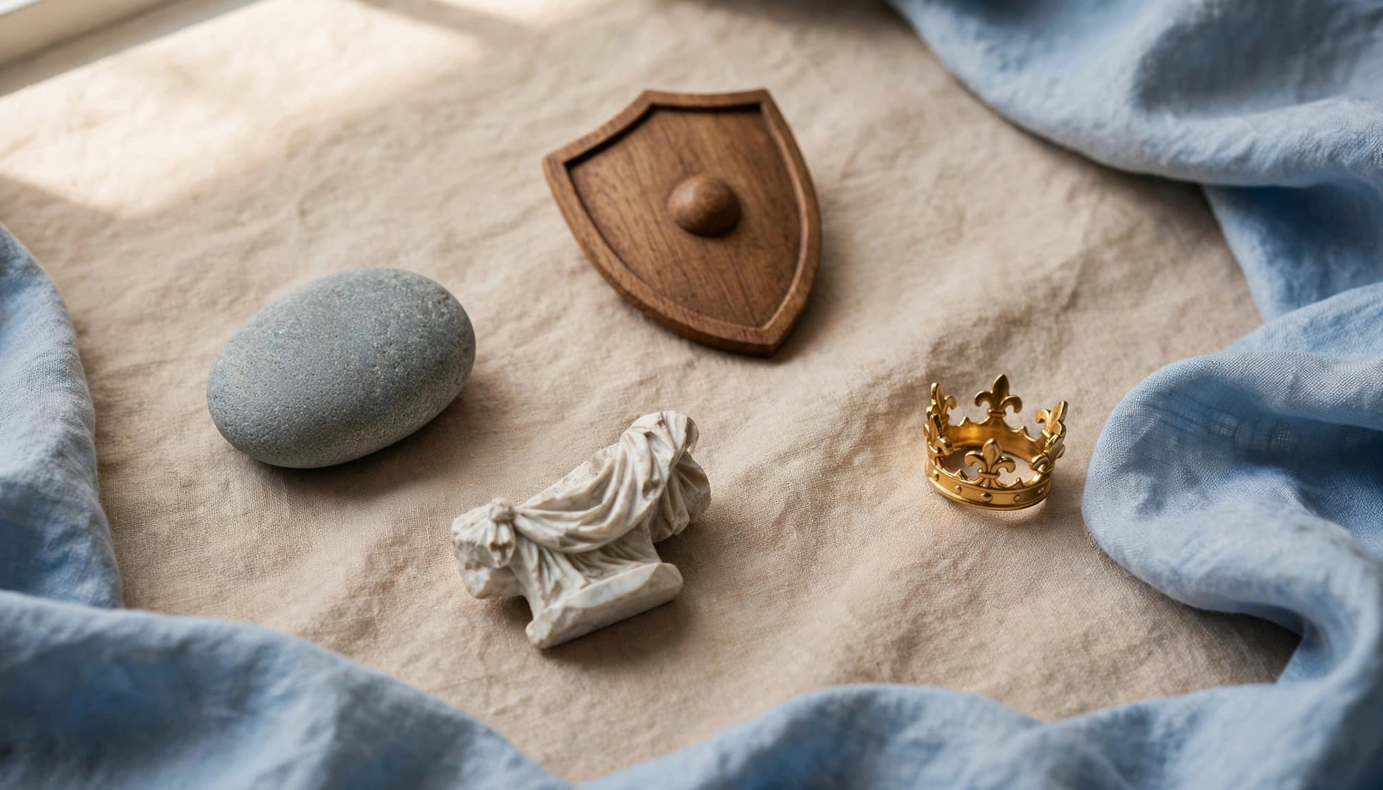 A stone, shield, statue fragment, and crown arranged on a softly lit tabletop.