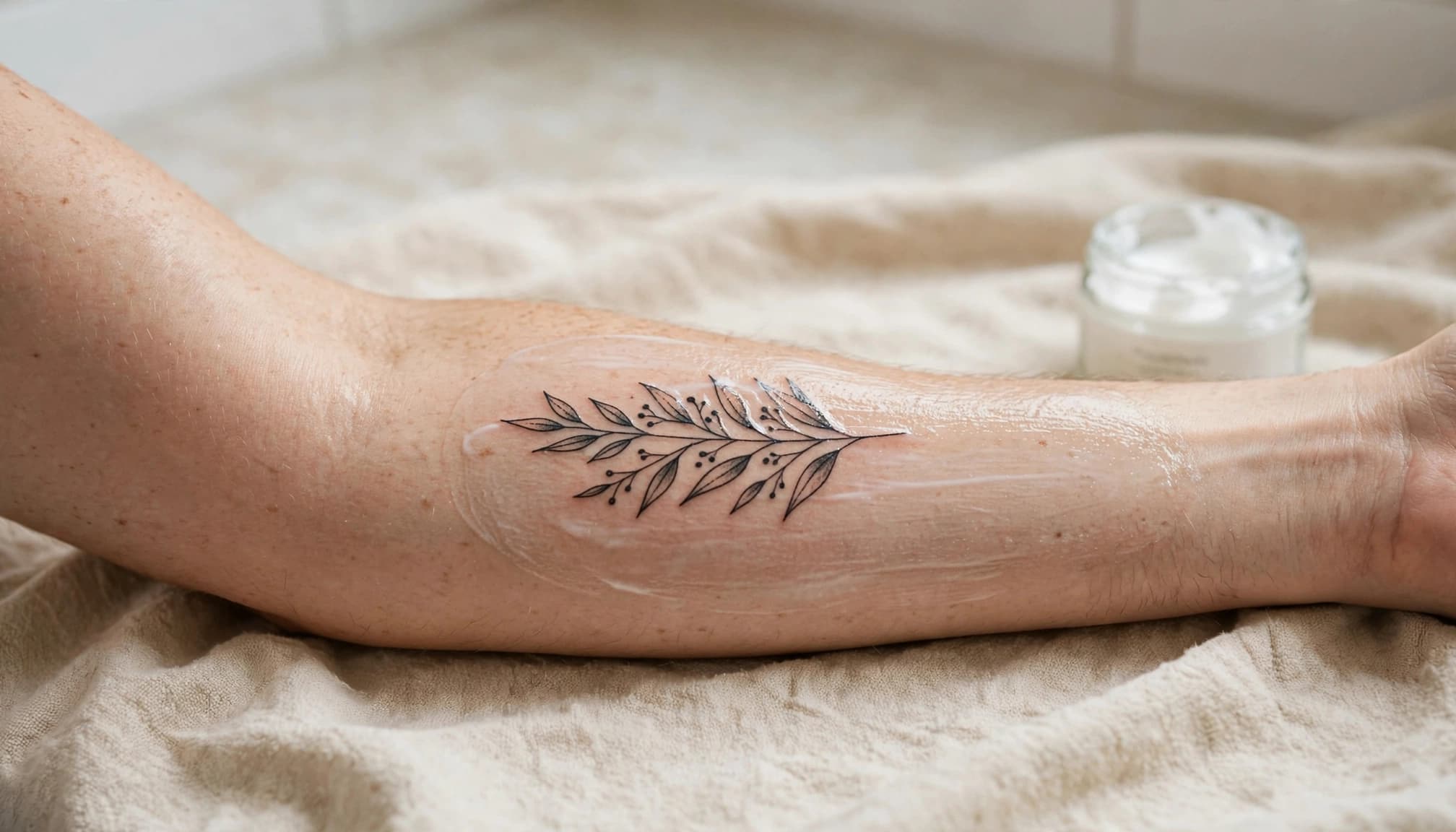 A freshly tattooed forearm rests on a towel beside an open moisturizer container.