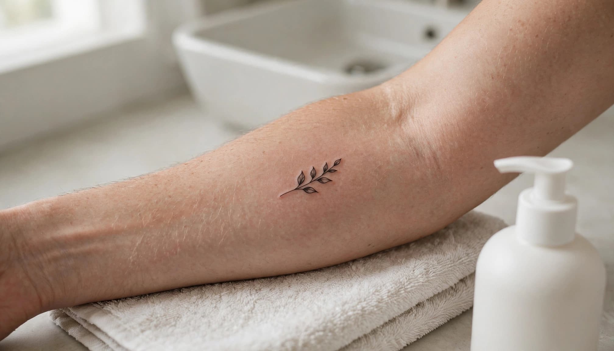 A small black tattoo on a slightly red forearm beside a towel and lotion.