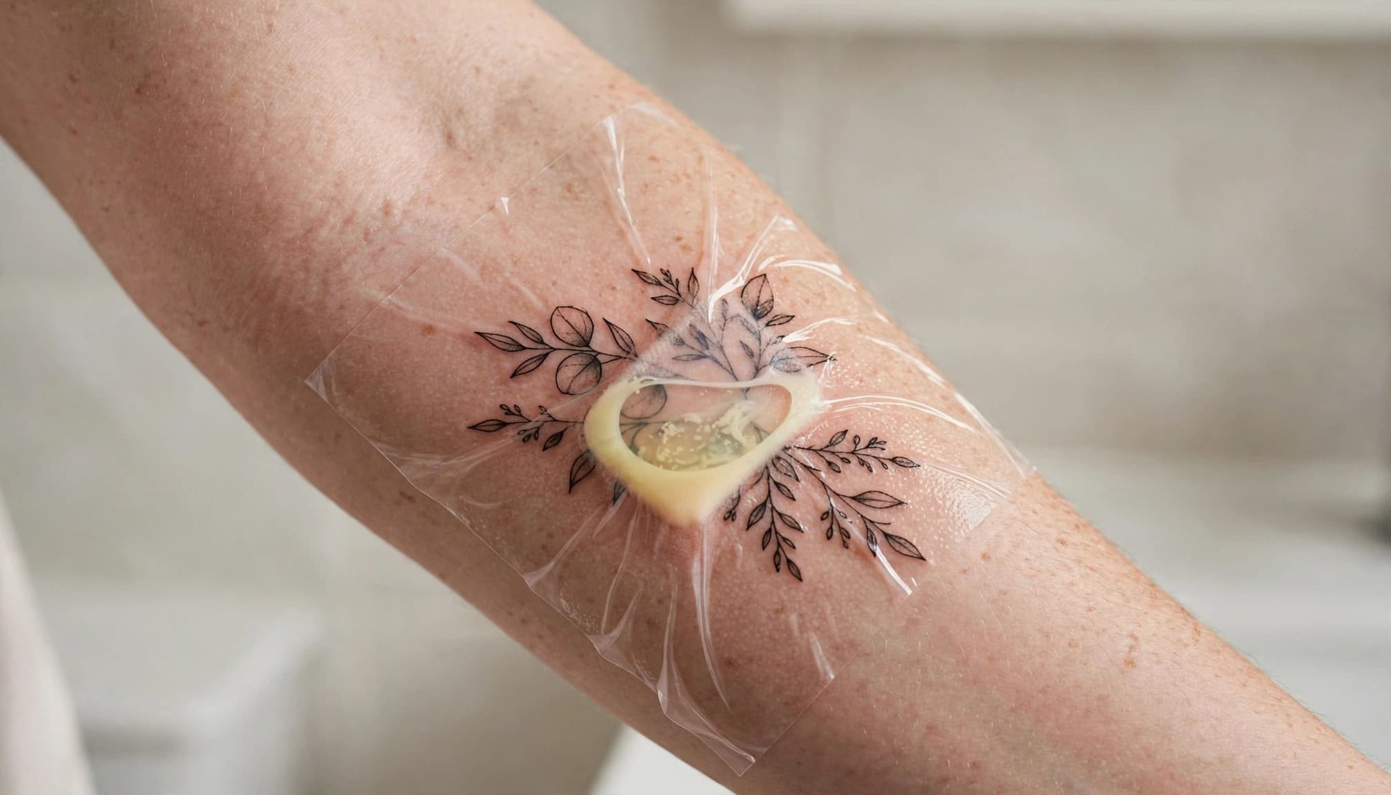 A fresh forearm tattoo covered by clear film with a small fluid pocket.