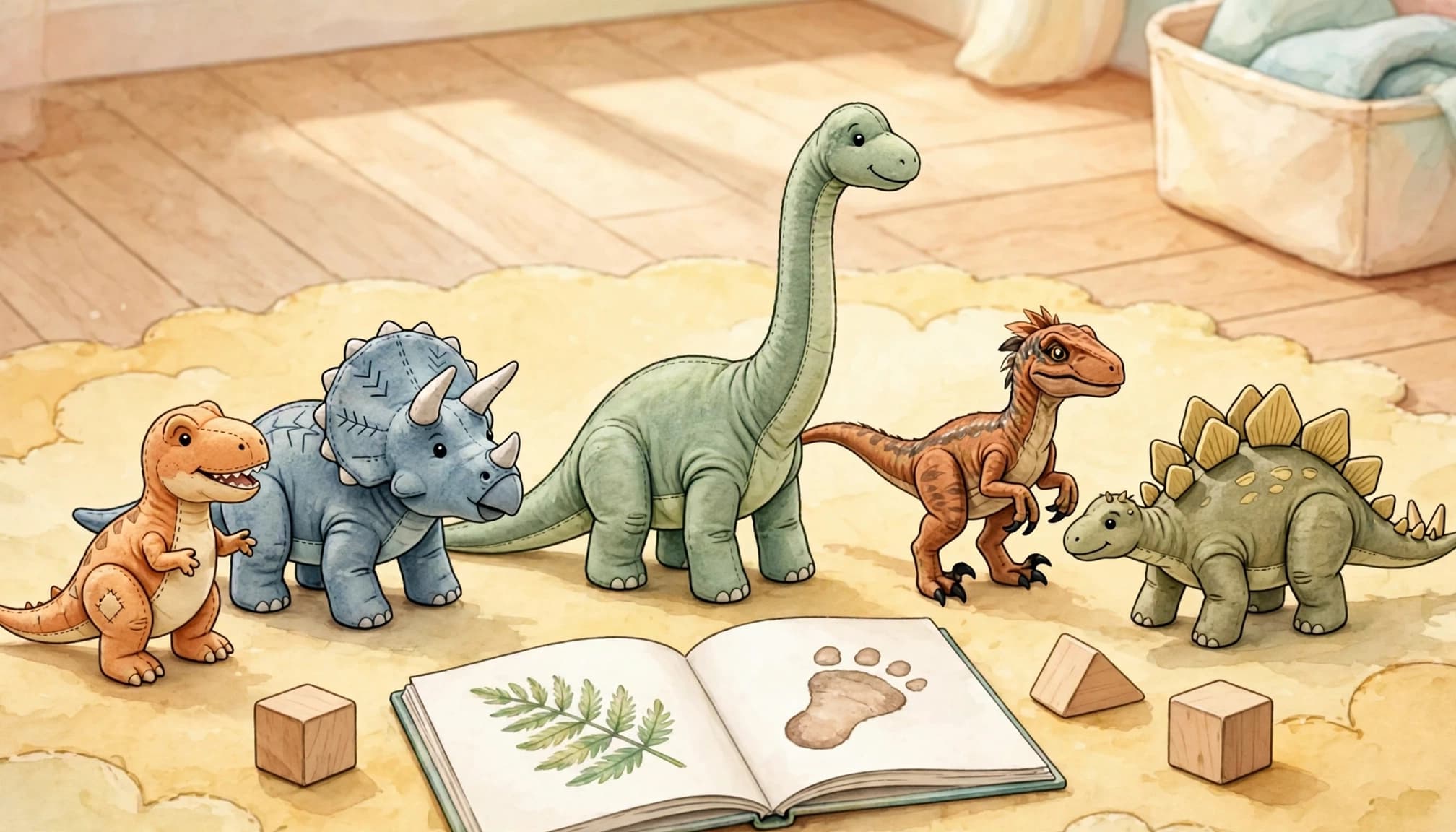 Five colorful dinosaur toys stand beside an open book and wooden blocks.