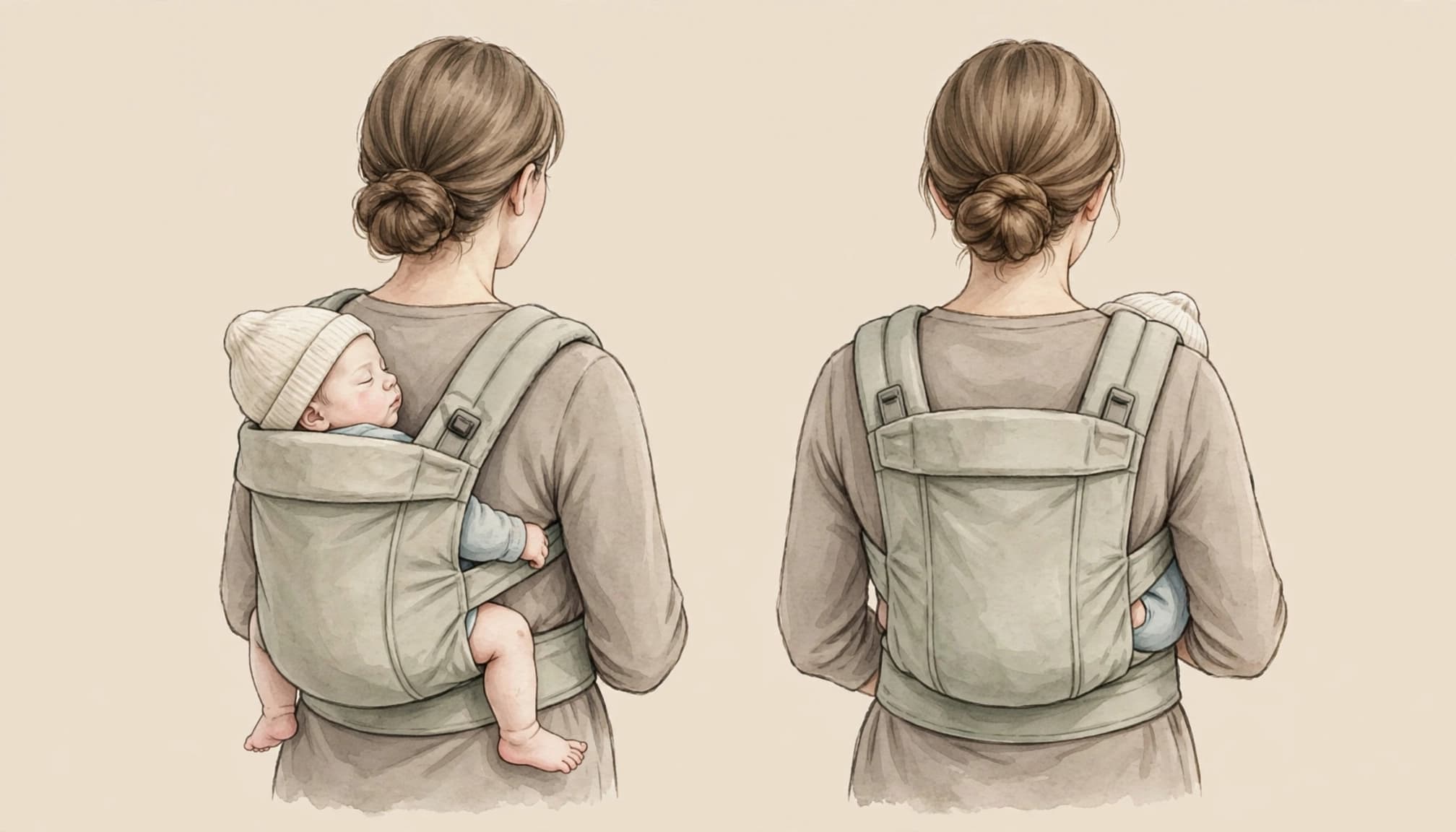 A caregiver compares front and back baby-carrier positions against a warm neutral background.