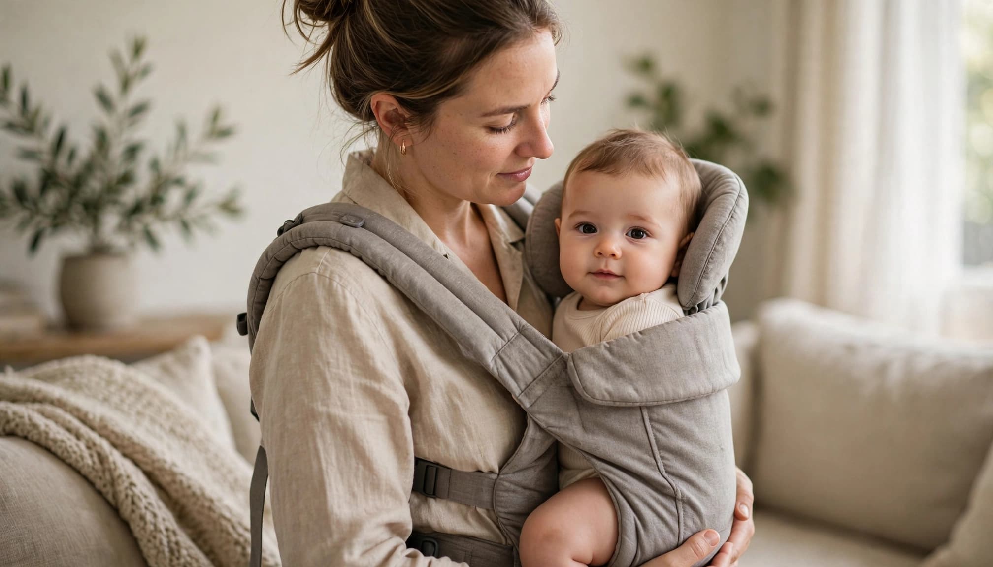 Caregiver front-carries an infant with the face visible and airway clear.