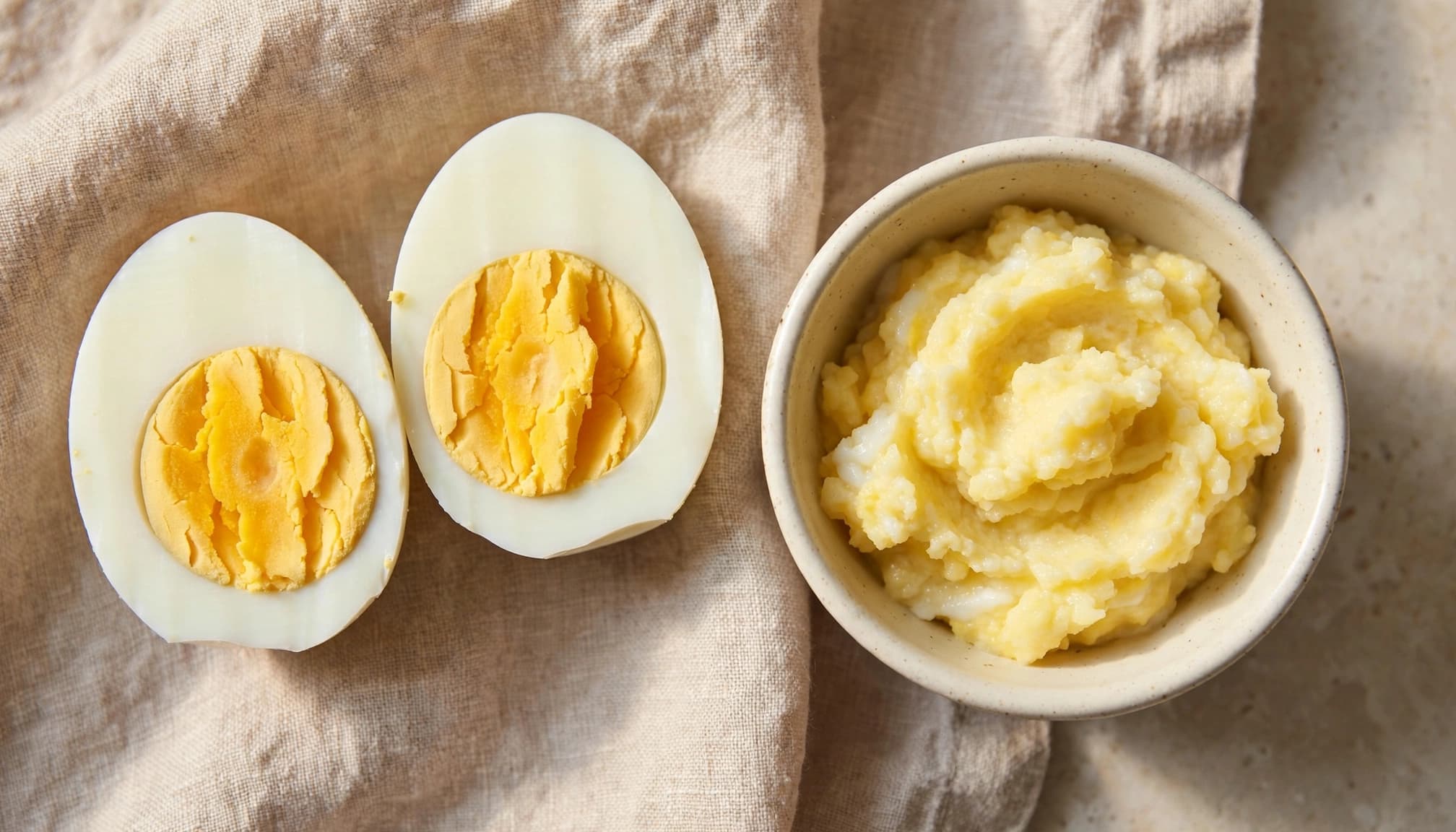 A halved hard-boiled egg sits beside a bowl of soft mashed egg.