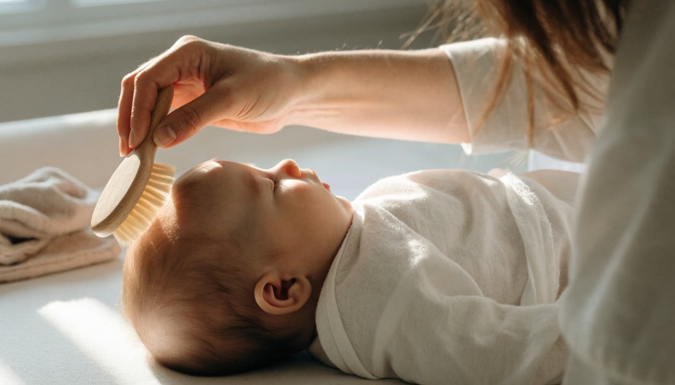 A caregiver gently brushes a baby's hair on a padded changing surface.