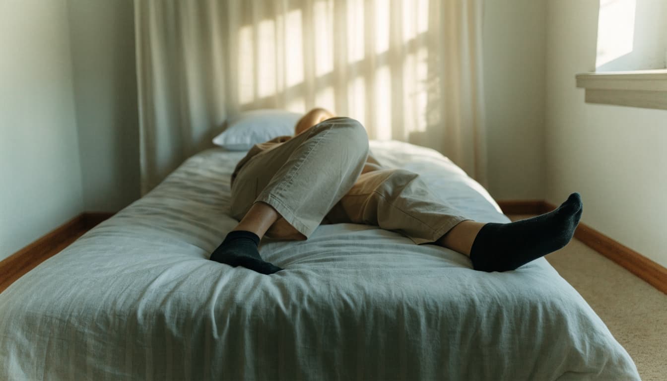 A woman lies on a bed and gently moves one ankle.