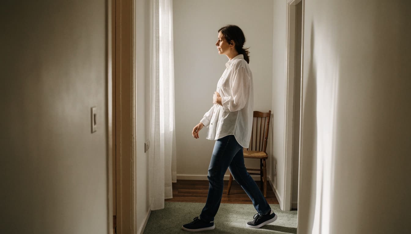 A woman walks slowly in a bright hallway with a chair nearby.