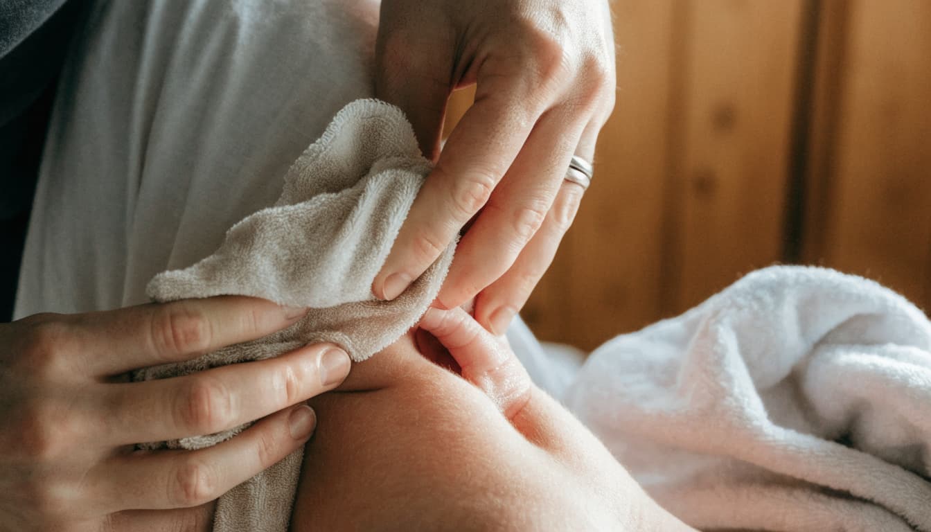Two hands gently clean a newborn's neck fold with a damp washcloth.