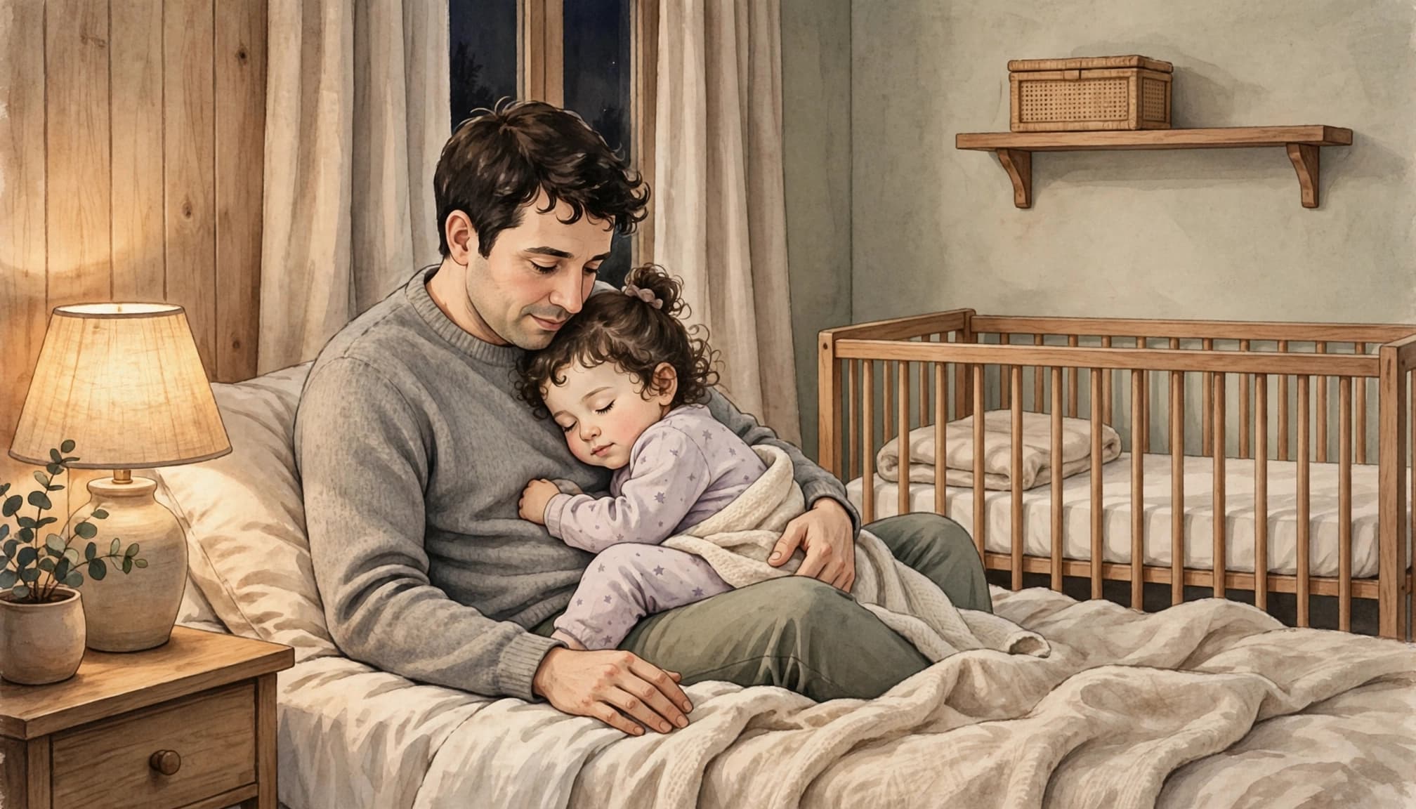 Parent comforting a toddler beside a crib during bedtime pacifier weaning.