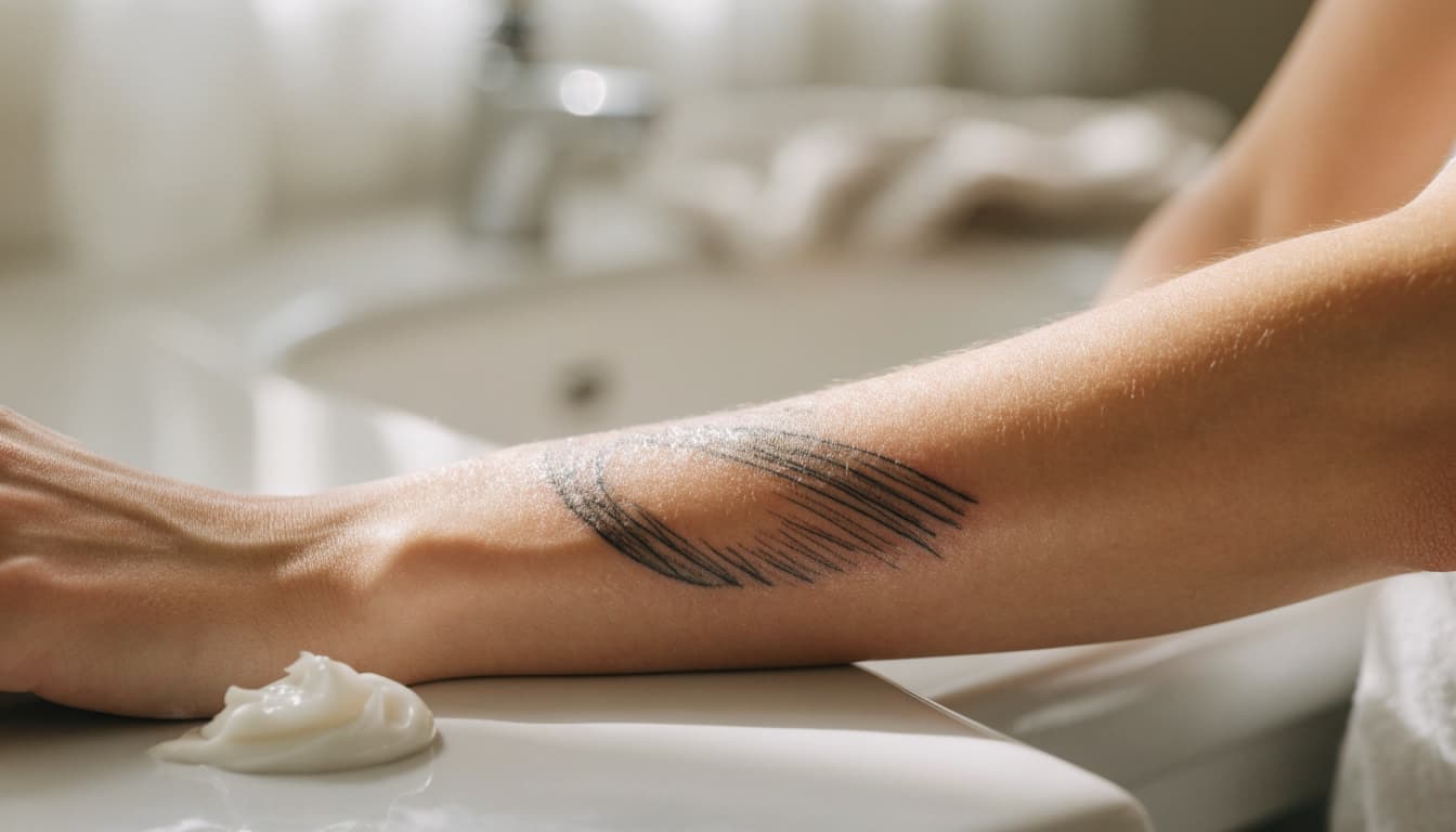 A tattooed forearm rests beside unscented moisturizer in a bright bathroom.