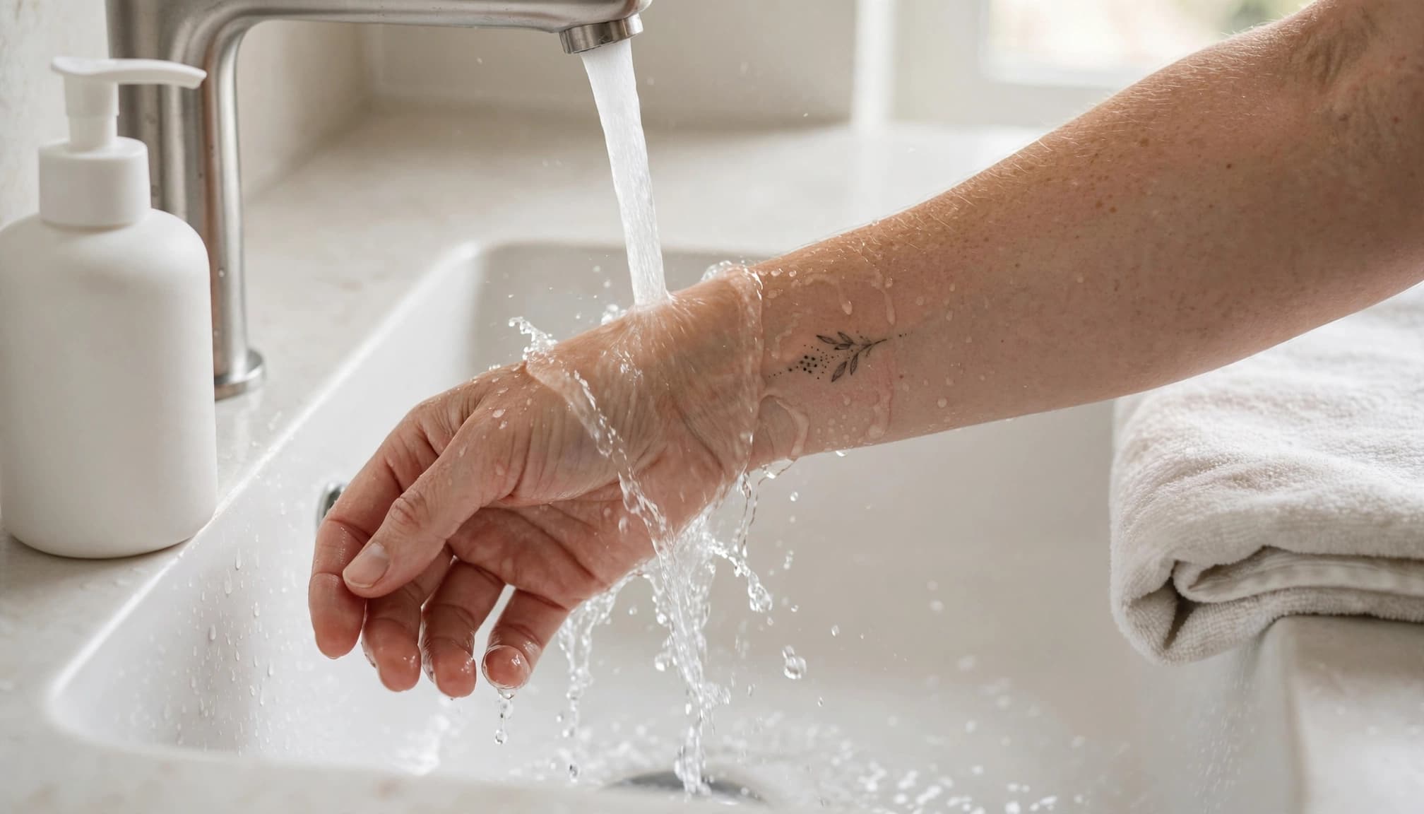 A tattooed forearm is gently rinsed over a sink with soap and a towel nearby.