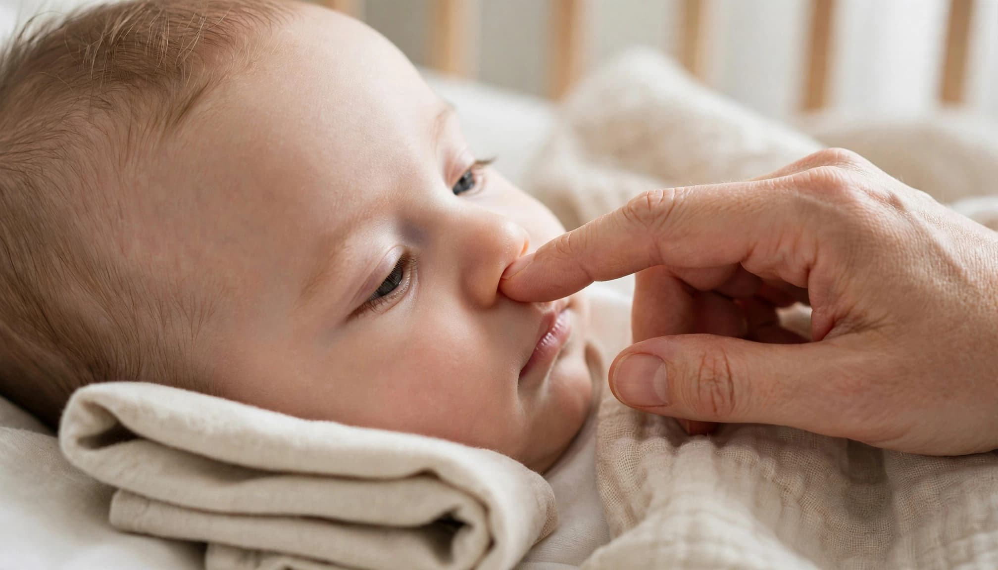 Caregiver's hand beside a calm baby's inner eye during gentle tear duct massage.