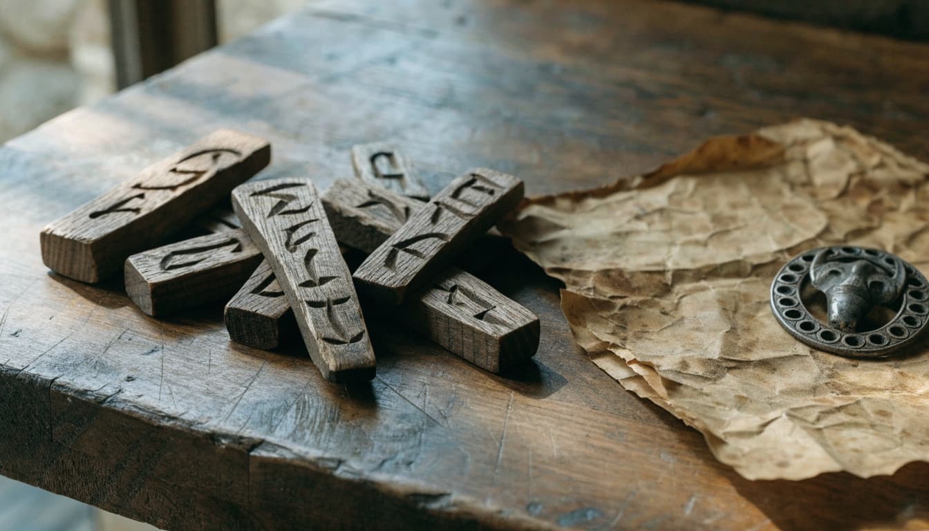 Dark wooden tokens, parchment, and an iron brooch arranged on a table.