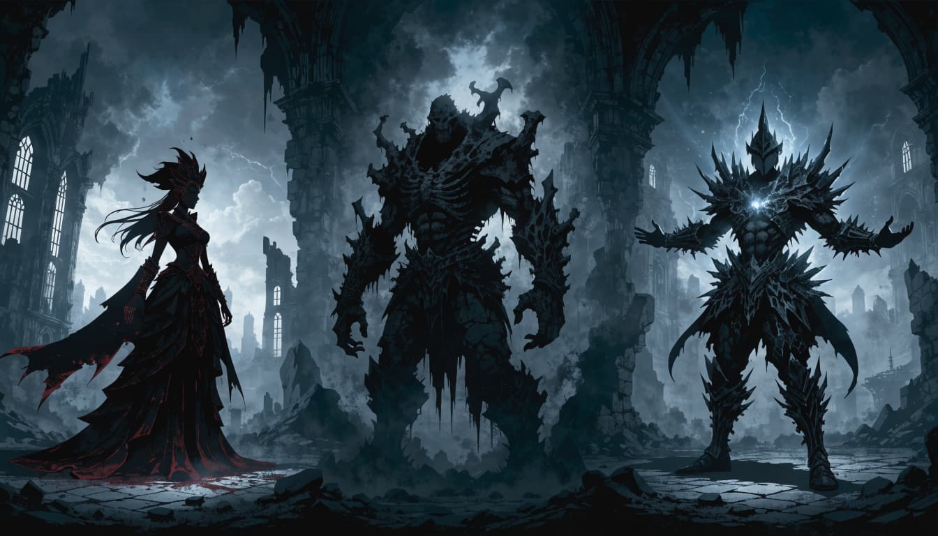 Three gothic fantasy characters stand separately inside a shadowy ruined cathedral.