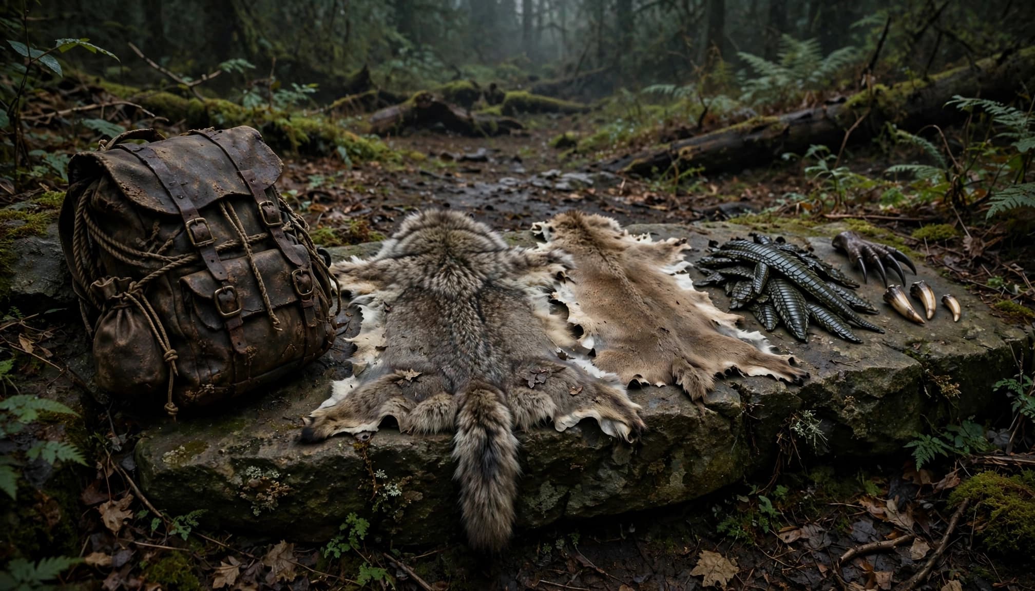 A weathered pack and creature trophies arranged on a stone ledge in a forest clearing.
