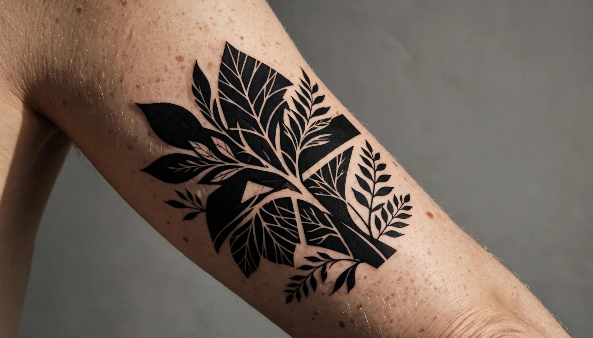 A black botanical tattoo with pale skin breaks on a woman's upper arm.