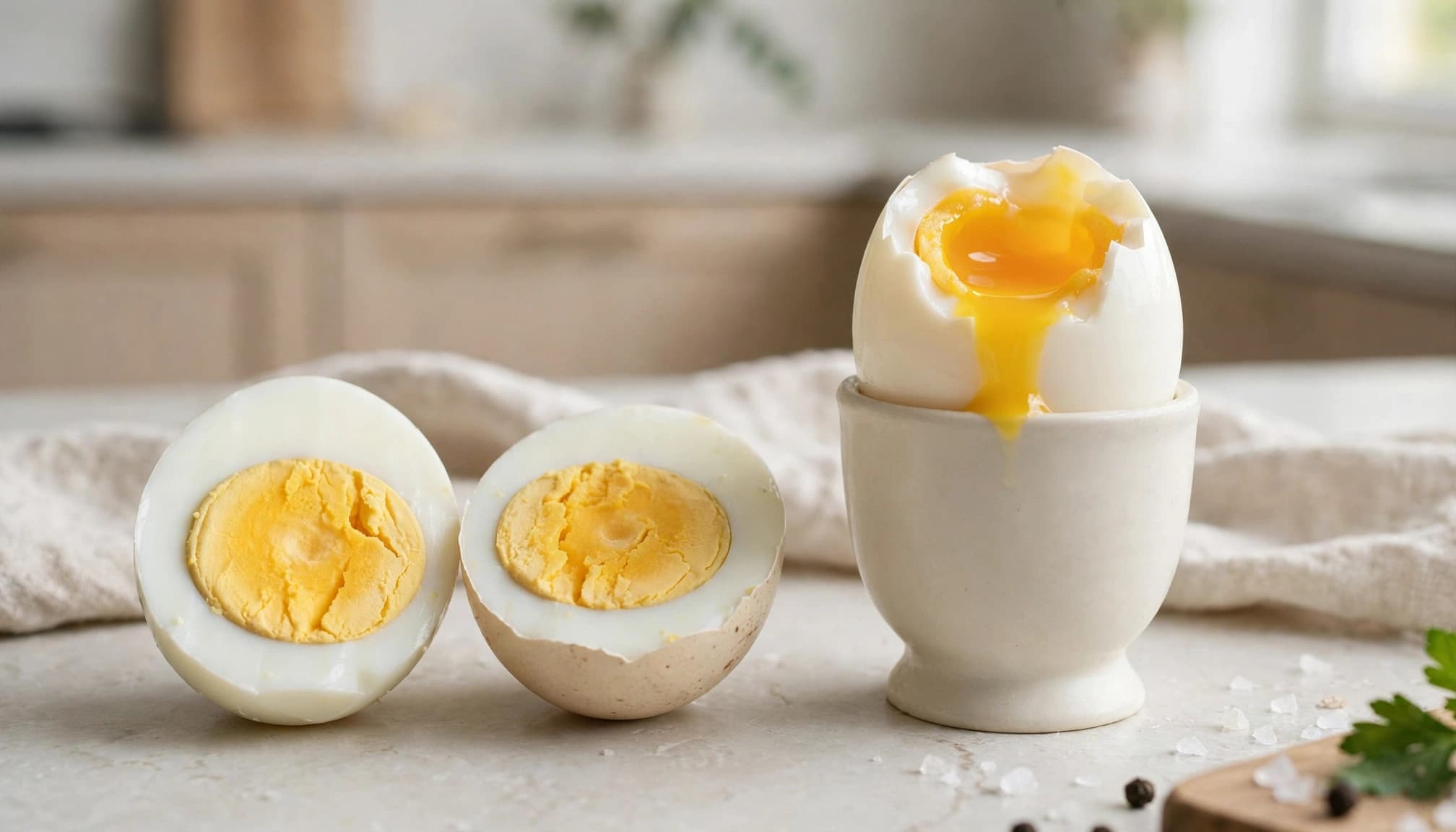 A firm-yolk egg half beside a soft-boiled egg with a runny center.
