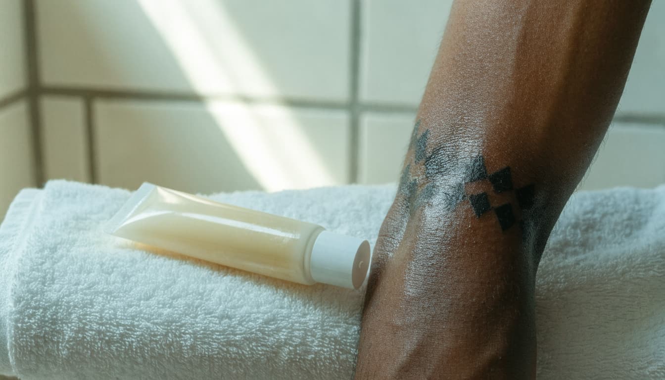 A blackwork tattooed arm rests beside a folded towel and plain sunscreen tube.