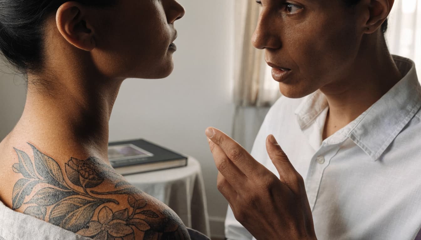 An artist gestures toward a healed botanical cover-up tattoo on a client's shoulder.
