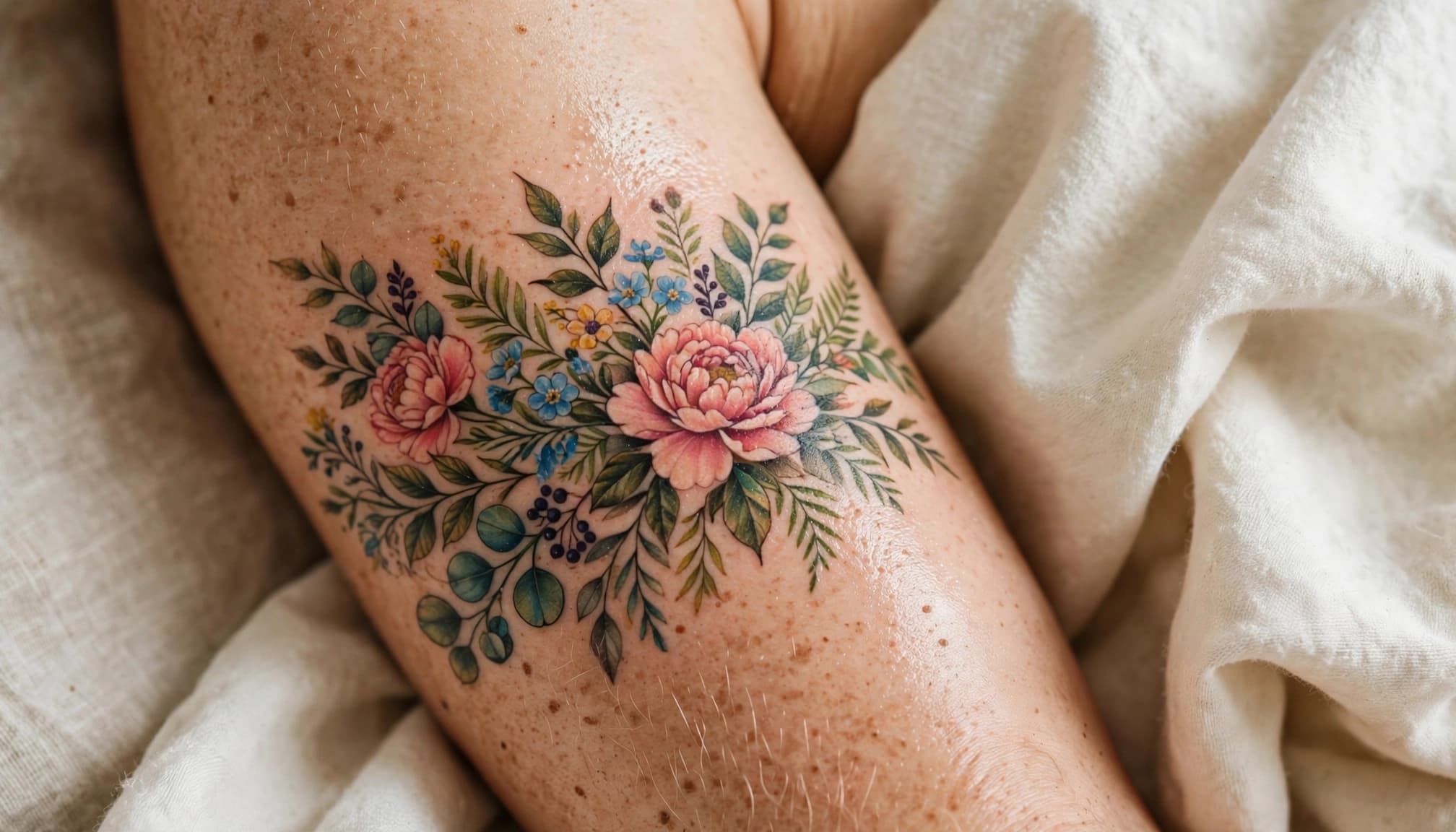 A colorful healed tattoo on an upper arm beside a soft cotton sleeve.
