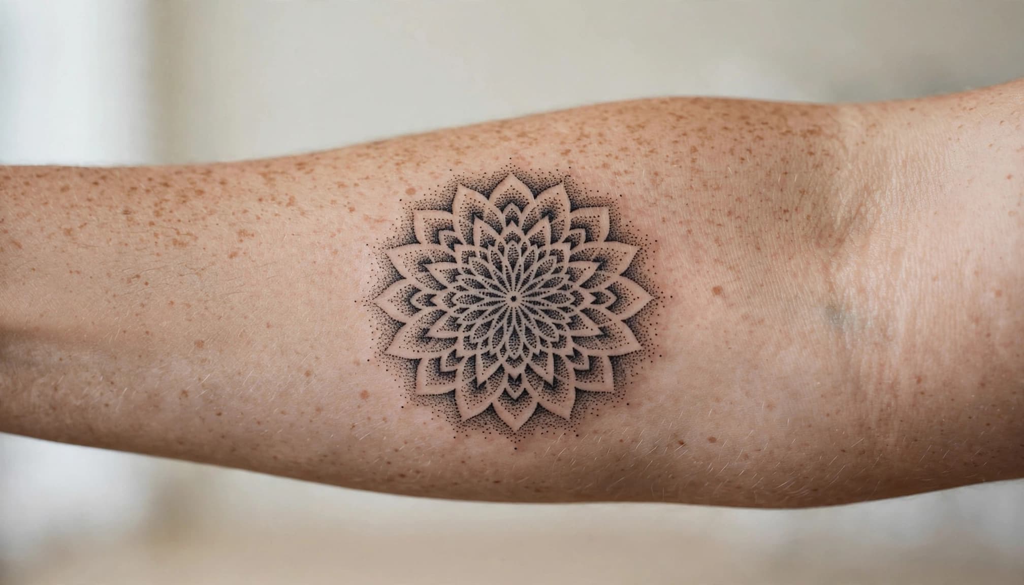 A healed black dotwork tattoo is centered on one forearm.