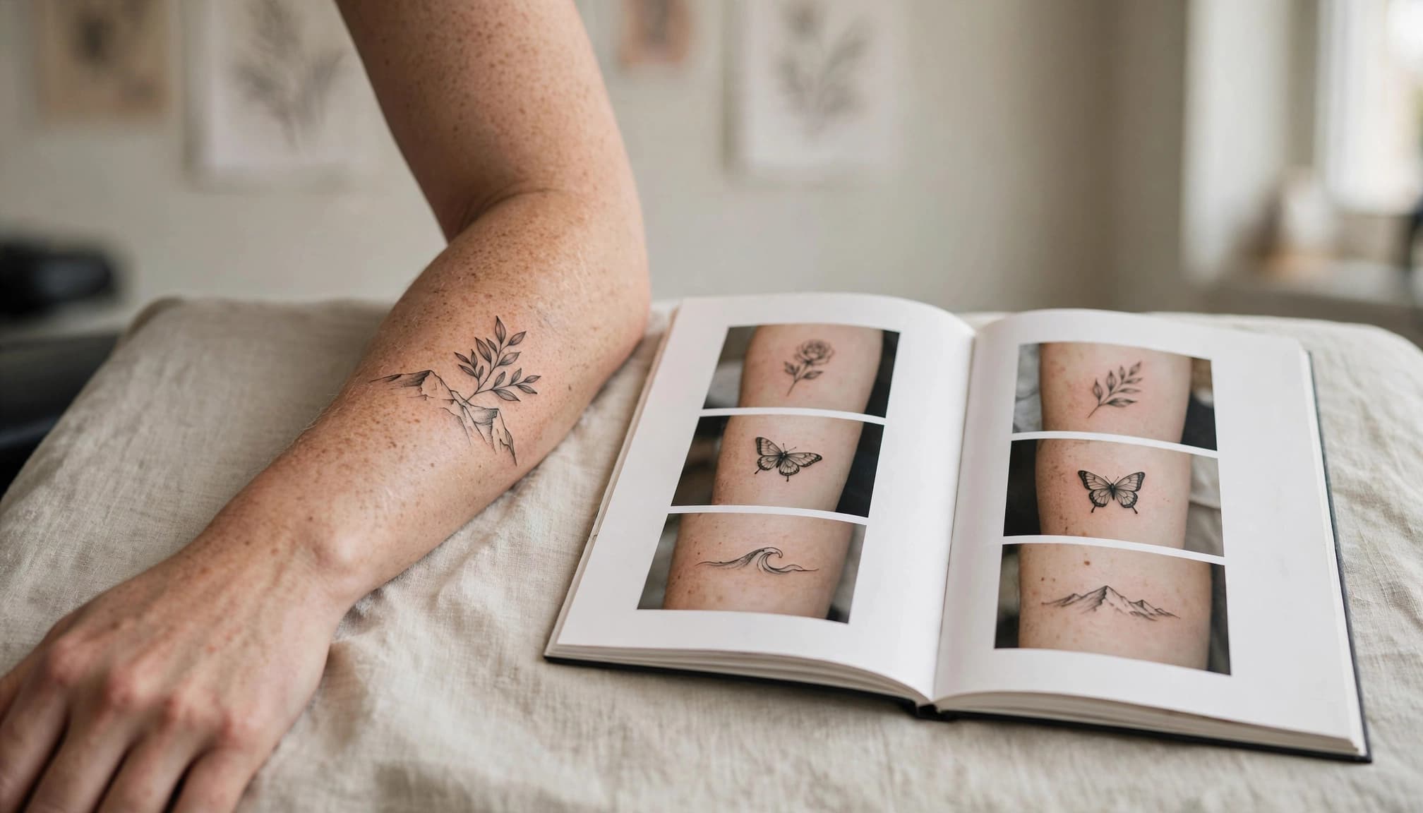 A tattooed forearm beside a printed portfolio of tattoo examples.