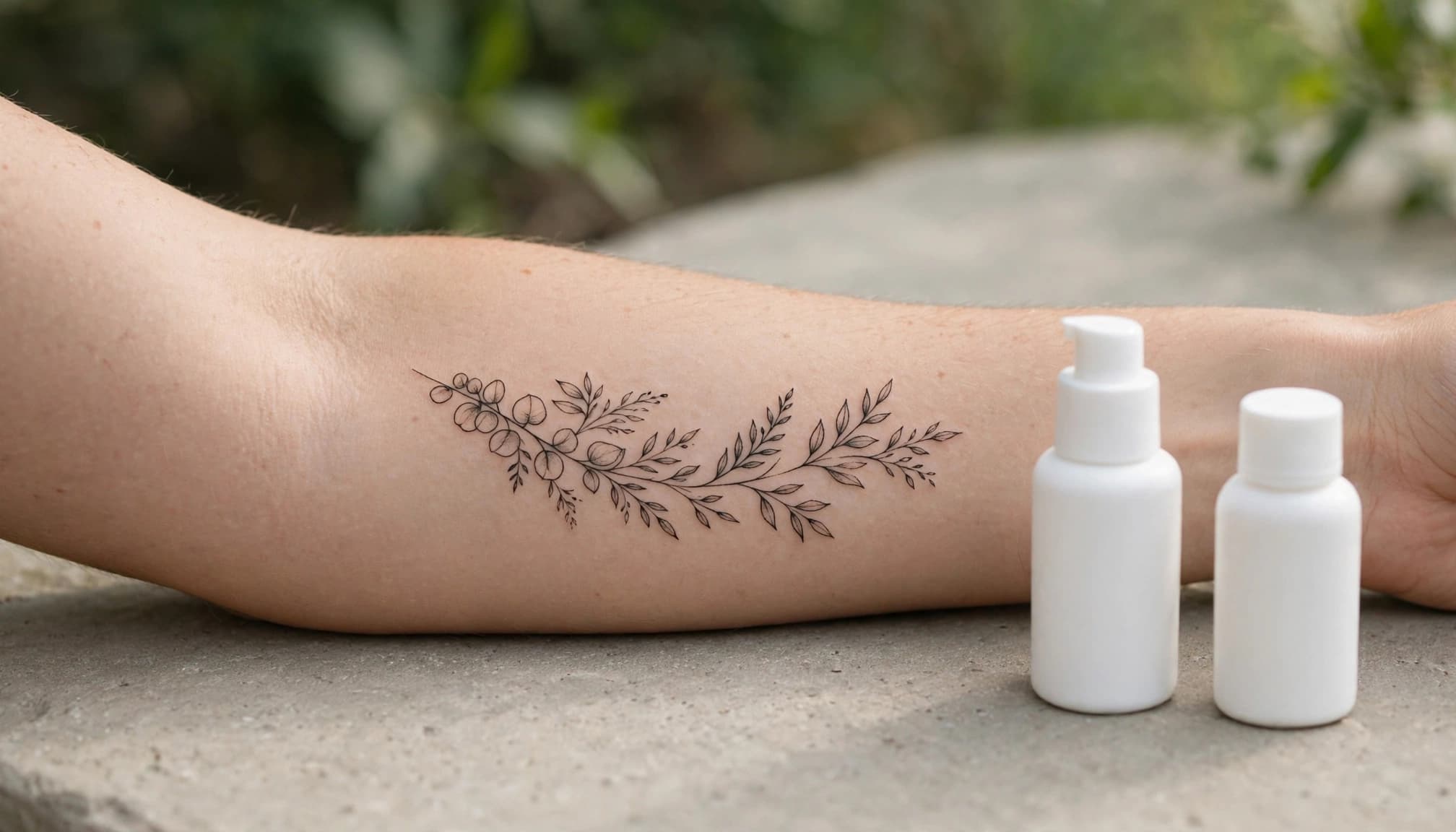 A tattooed forearm beside moisturizer and sunscreen on a stone surface.