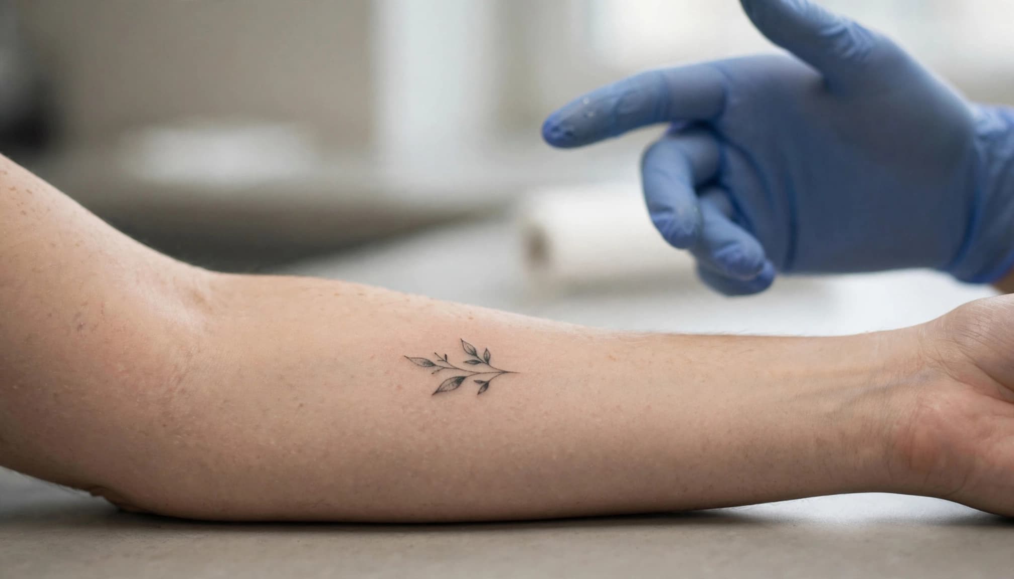 A gloved hand gestures beside a small healed tattoo on a forearm.