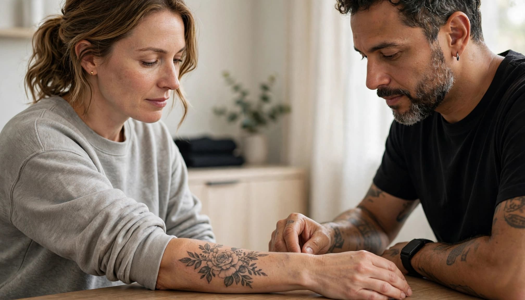 A client and tattoo artist calmly review a healed forearm tattoo.
