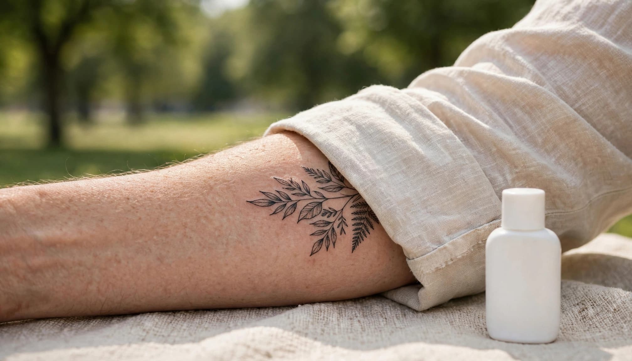 A shirt partly covers a healed forearm tattoo beside a small sunscreen bottle.