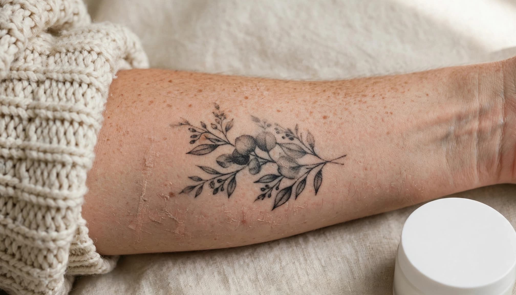 A healed forearm tattoo beside a sweater sleeve and moisturizer container.