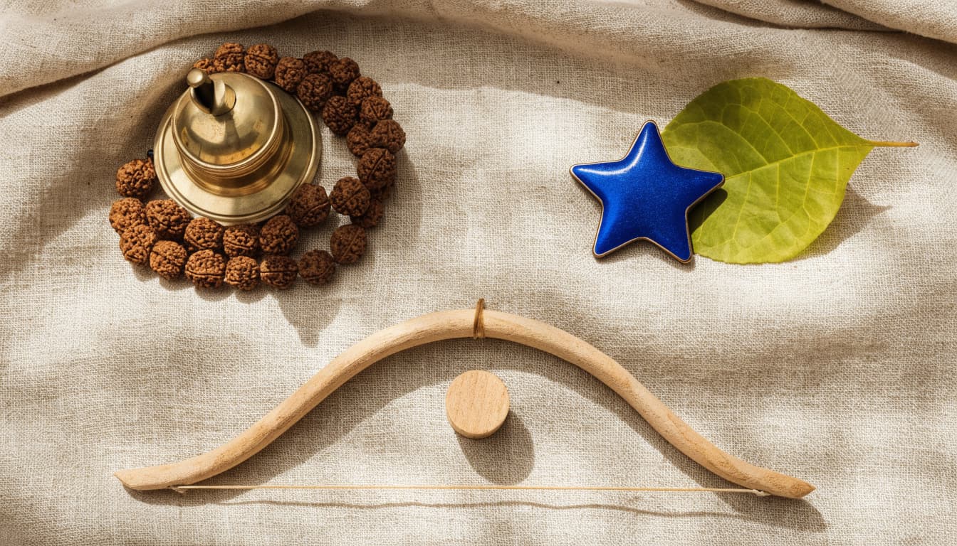 A bell and beads, a blue star and leaf, and a wooden bow with a circular target.