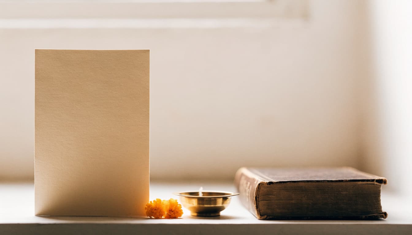 A blank cream card, brass diya, marigold petals, and closed book on a tabletop.